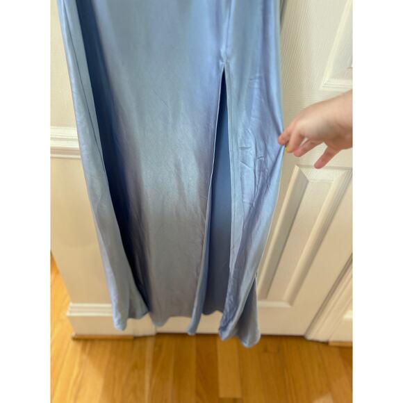 NWT Showpo Adriene Baby Blue Satin Plunge Babydoll Slit Halter Maxi Dress - Picture 4 of 7